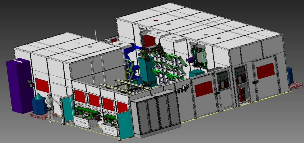 3D CAD-Rendering einer industriellen MAG-Schweißanlage mit detaillierten mechanischen Komponenten und Verkleidungselementen in einer Fabrikumgebung. 